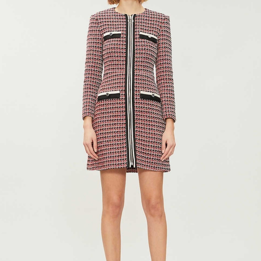 Maje Red Black White Tweed Zip-Front Dress - Picture 3 of 12